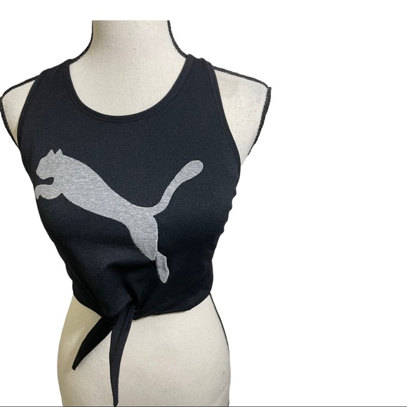 Puma cropped tie knot front black puma silver logo top. Size Large. - Picture 2 of 9